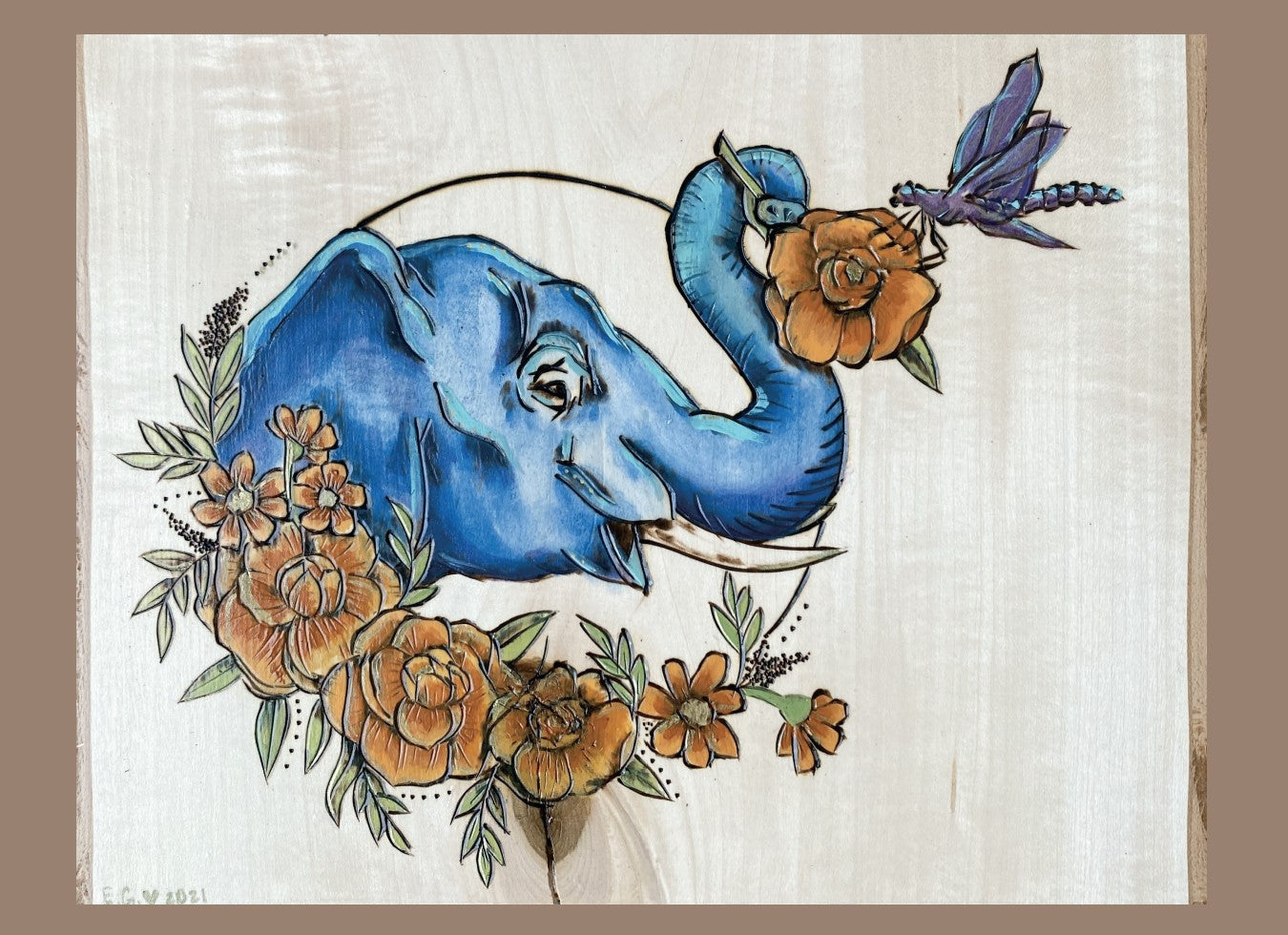 "Lisa" Elephant and Dragonfly - 5x7 inch print